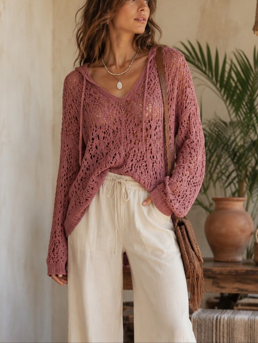 Zara Open Knit Hooded V-Neck Sweater Size M Boho